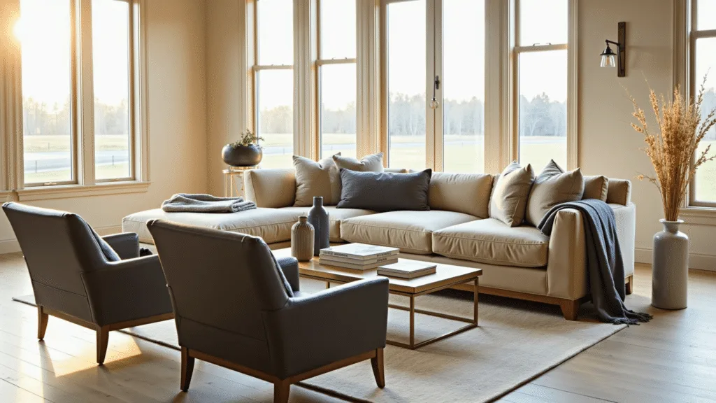 "Sunlit transitional living room with curved oatmeal sofa, charcoal leather chairs, and white oak flooring, styled with minimalist decor during golden hour"