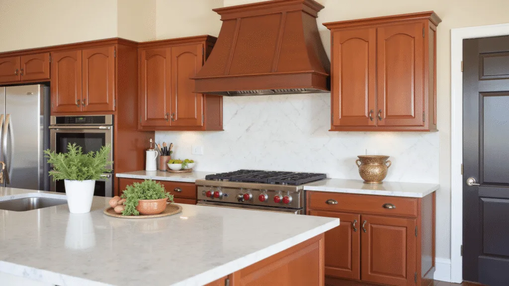 "Mediterranean style kitchen with terracotta cabinets, warm lighting, copper accents, marble countertops, brass hardware, potted herbs in a clean modern space"