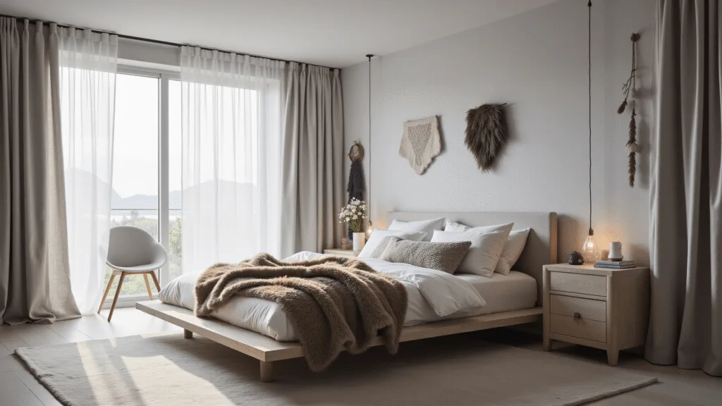 "Twilight-lit bedroom with white and silver décor, platform bed with faux fur throws, sheer curtains, minimalist wooden furniture, and wall hangings"