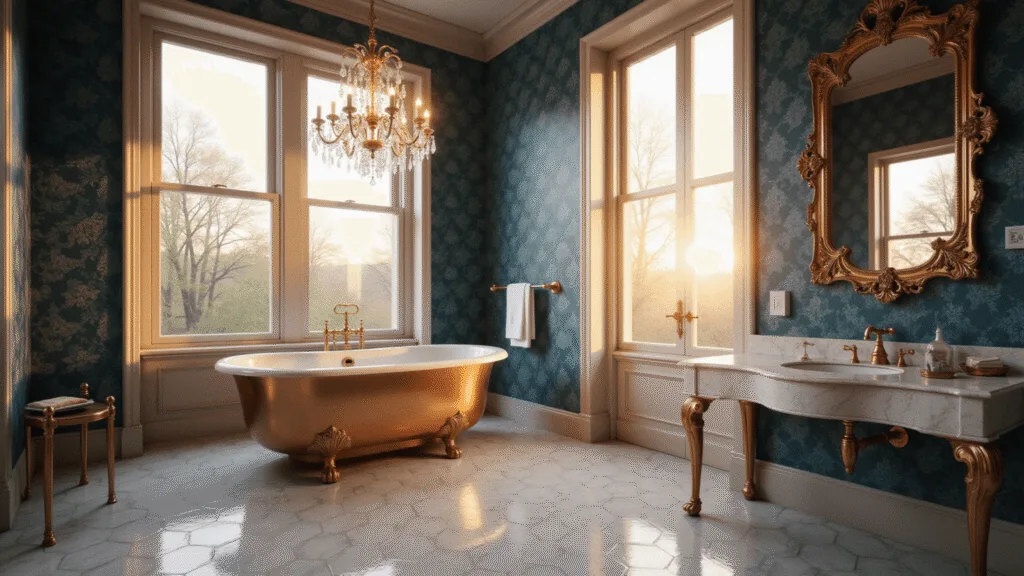 "Luxurious Victorian bathroom with copper clawfoot tub, peacock blue damask wallpaper, marble tiles, brass fixtures, and warm golden light emanating from a crystal chandelier"