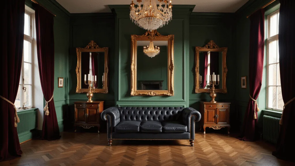 "Victorian drawing room with emerald green walls, black Chesterfield sofa, crystal chandelier, gold-framed mirrors, burgundy curtains, herringbone wooden floors, and antique brass accents in moody candlelight."