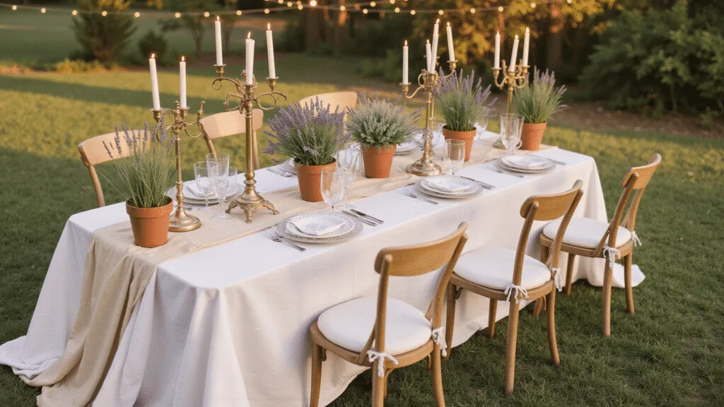 "Vintage garden party tablescape with antique crystal glassware and brass candelabras at golden hour"