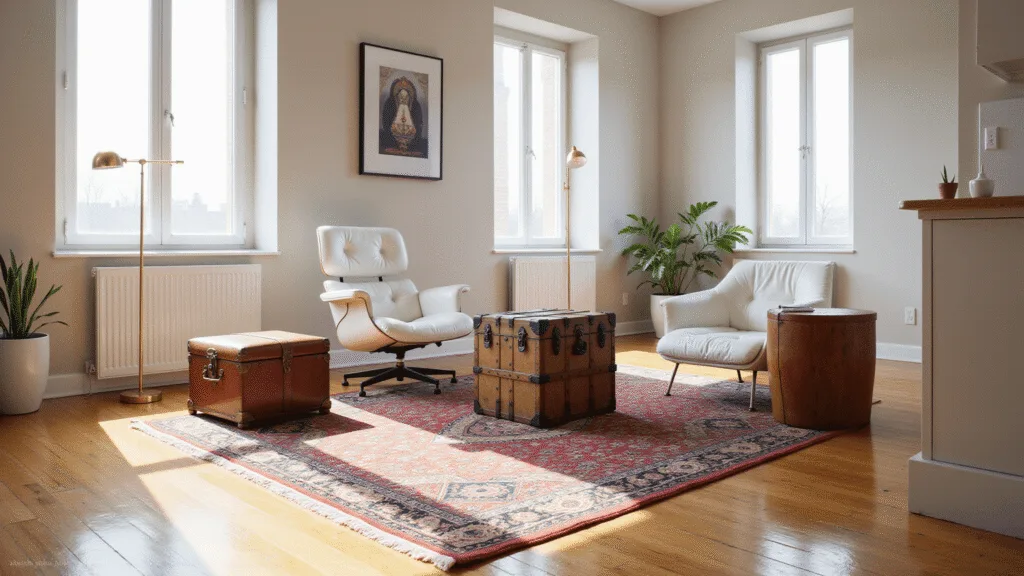 "Sunlit vintage-modern living room with a white Eames chair, weathered leather trunk, Persian rug on hardwood floors, and greige walls."