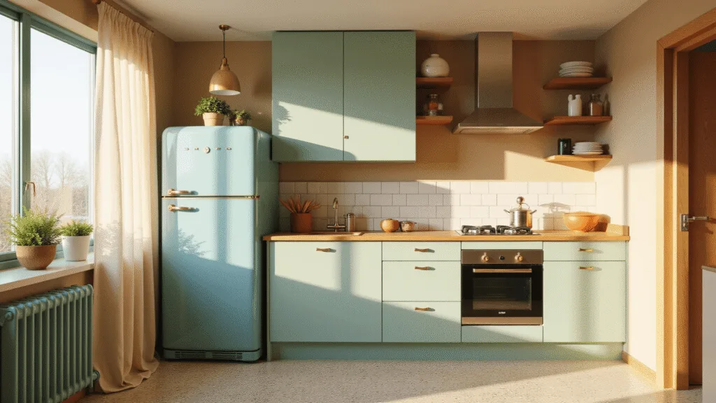 "Vintage modern kitchen with sage green cabinets, blue Smeg fridge, terrazzo flooring, under golden hour light"