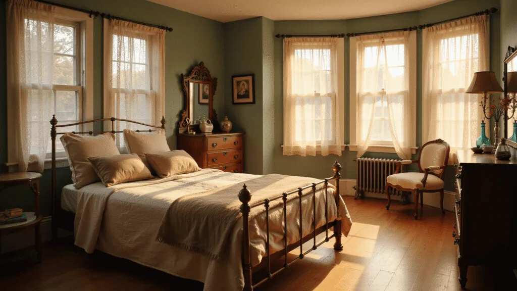 "Vintage bedroom with sage green walls, brass bed, lace curtains, and antique furniture under soft golden hour light"