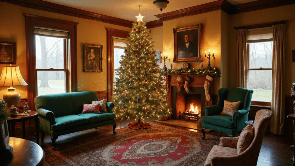 "Victorian living room with towering Fraser fir Christmas tree, vintage ornaments, emerald velvet furnishings, and traditional holiday decorations in golden light"