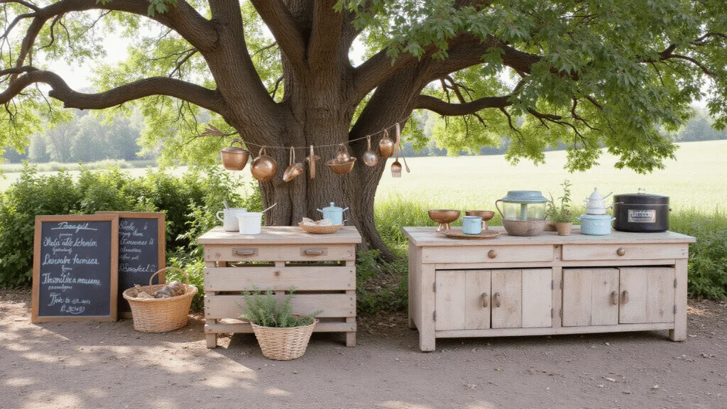 "Whimsical outdoor mud kitchen under an oak tree with vintage utensils, reclaimed wood counters, and dappled sunlight"