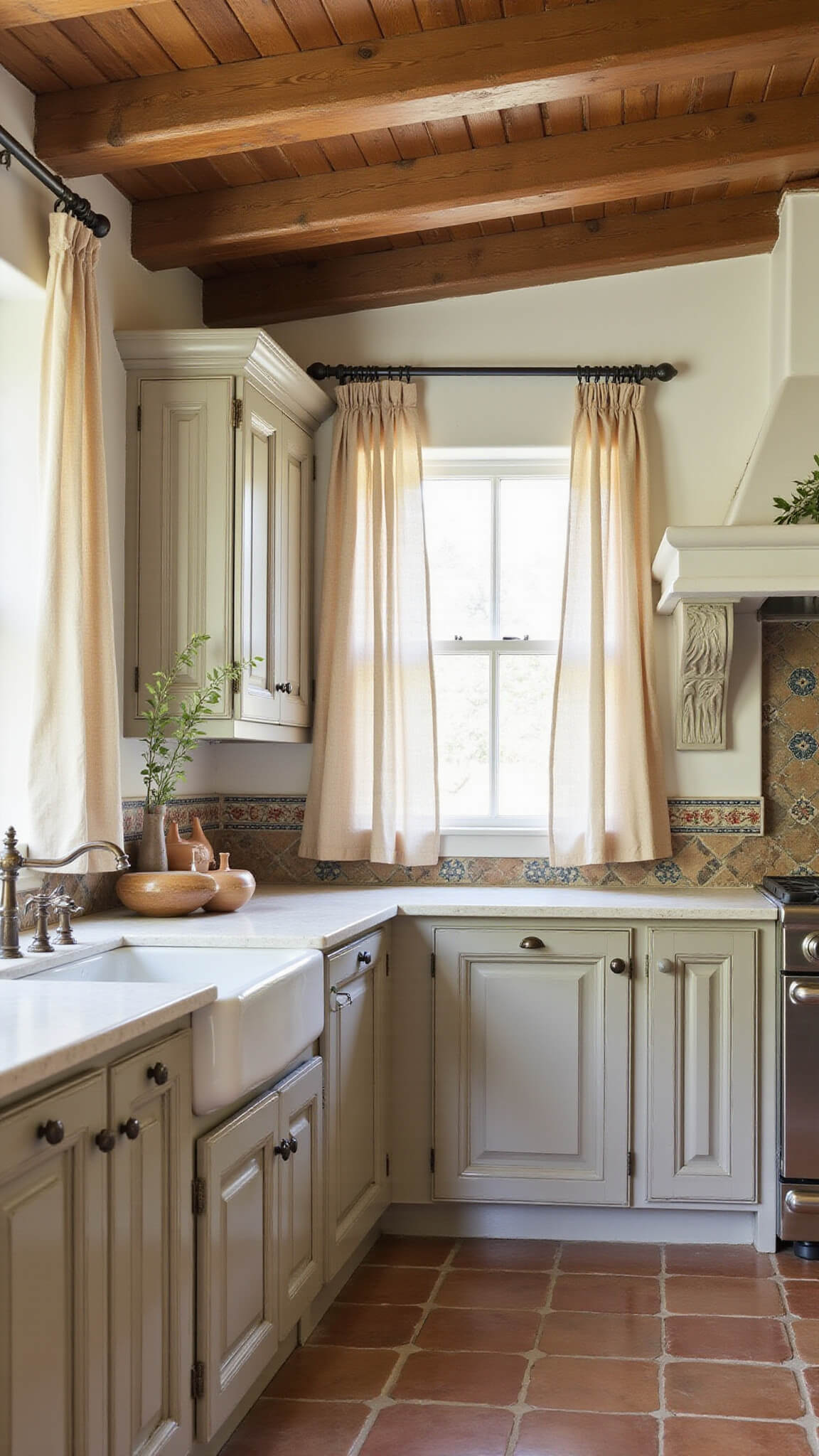 Mediterranean-inspired kitchen with greige carved cabinets, terracotta tile floor, hand-painted backsplash, wooden ceiling beams, and natural afternoon light through gauzy curtains.