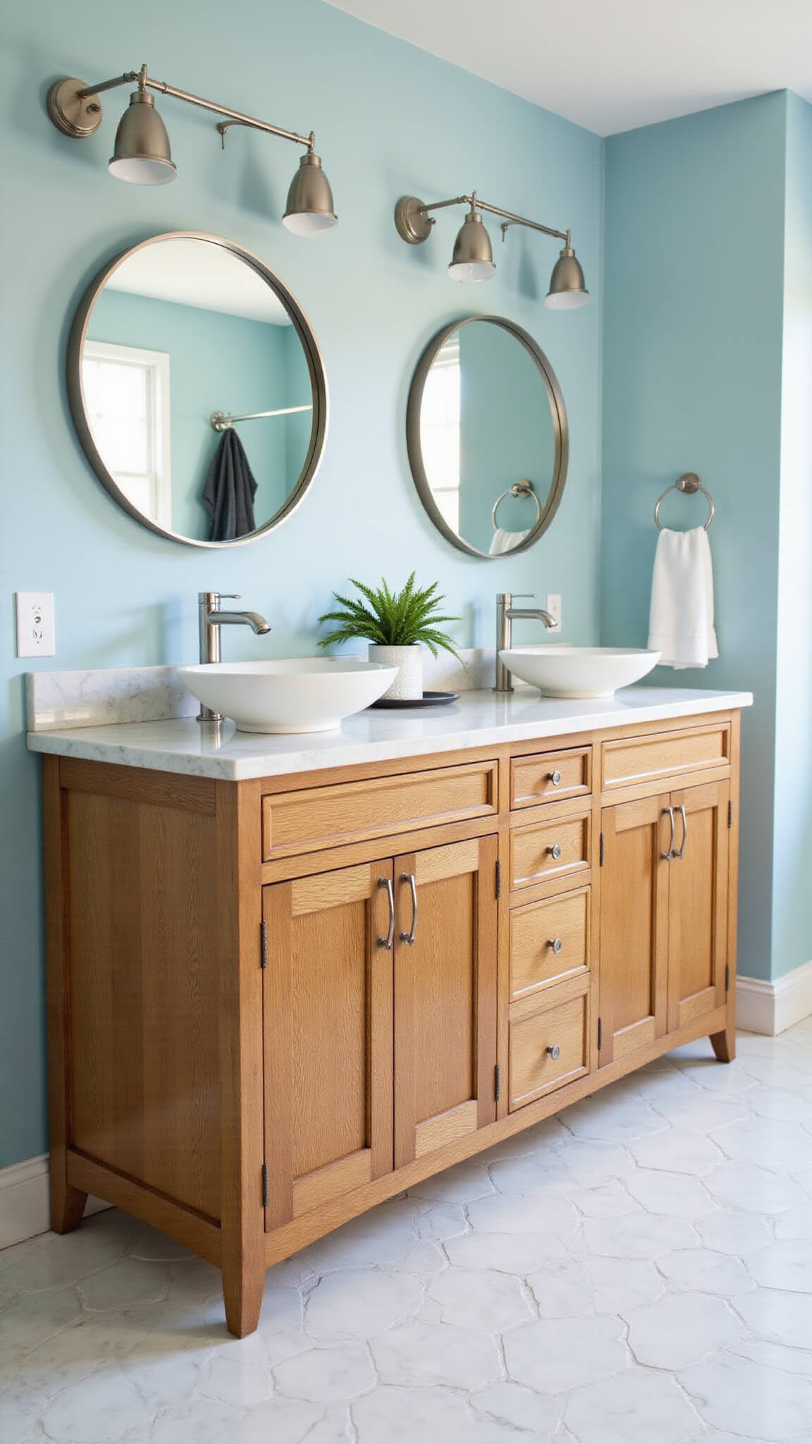 Luxurious master bathroom with honey oak double vanity, vessel sinks, circular mirrors, and marble hex tile flooring against pale blue walls.