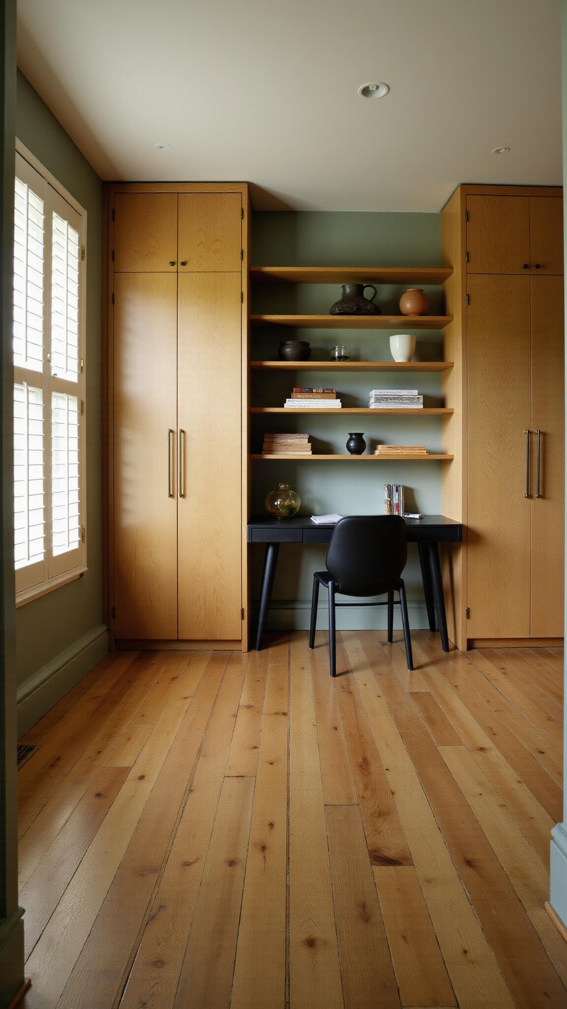 Sophisticated 10x12ft home office with honey oak built-ins, sage green walls, matte black floating desk, and golden hour lighting.