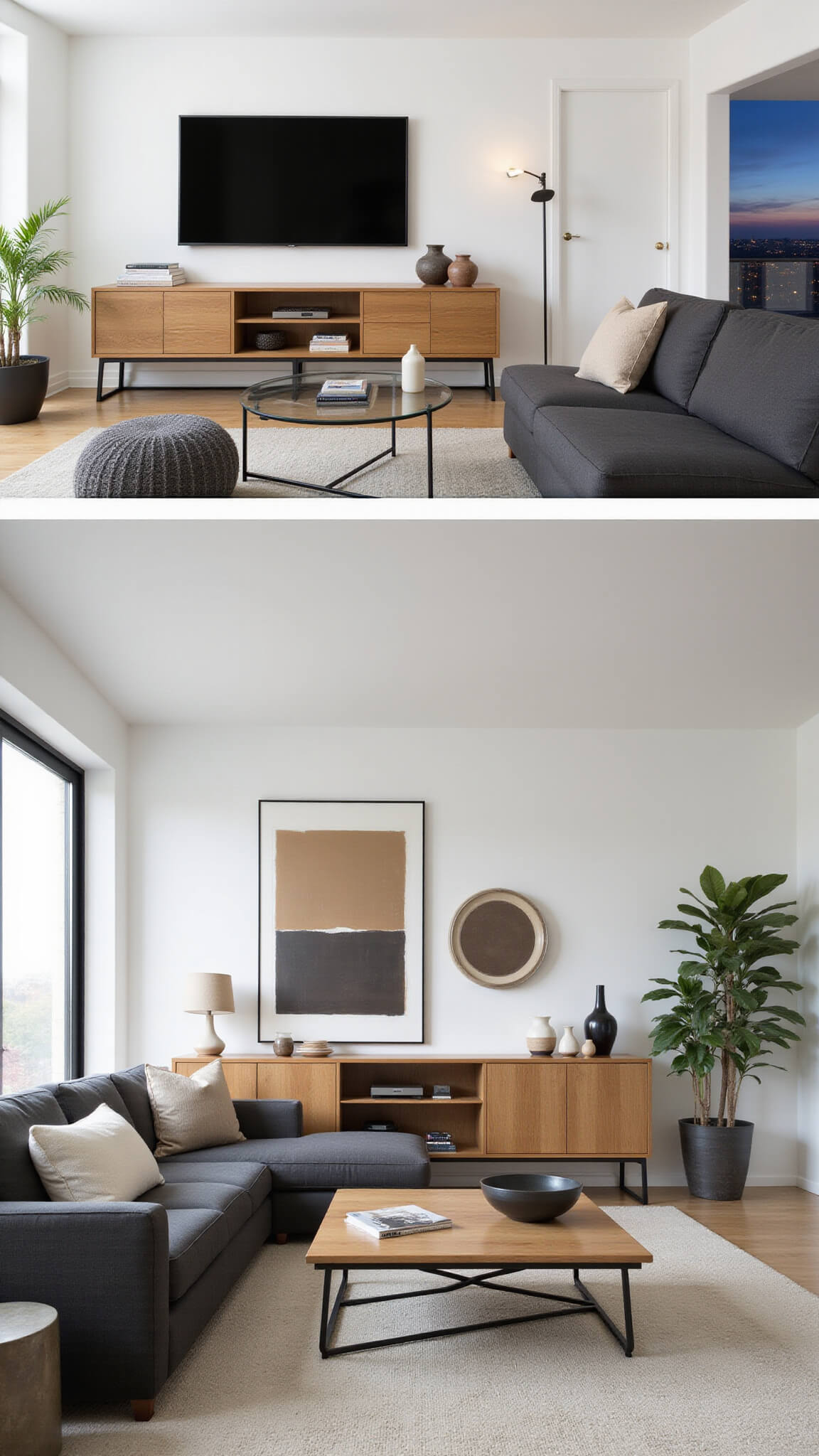 Inviting living room with honey oak entertainment center, charcoal sectional, black metal coffee table, and minimalist decor, warmly lit at dusk.