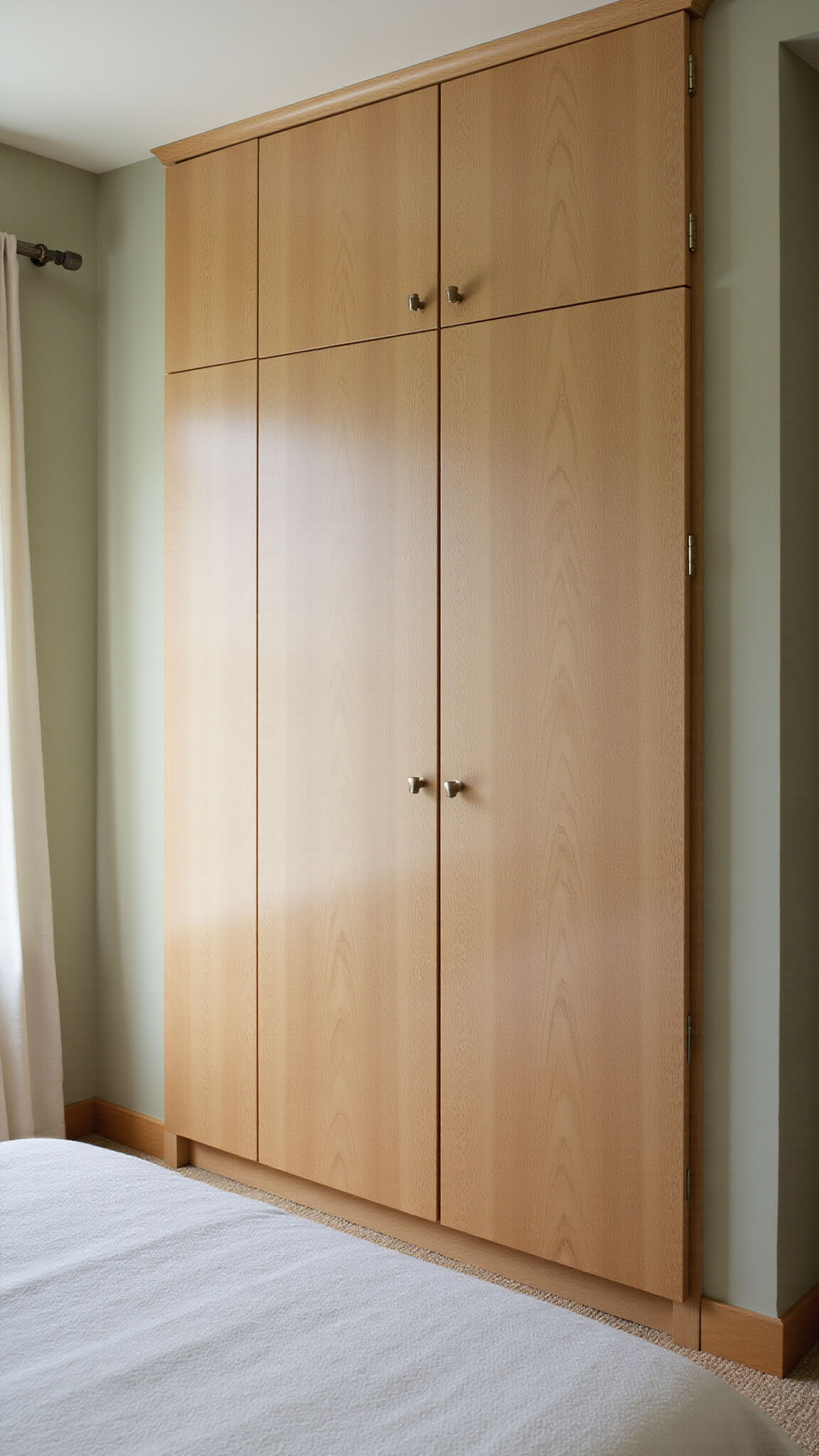 Corner view of master bedroom with honey oak built-in wardrobes, sage green walls, white bedding, and natural fiber rug in soft morning light.