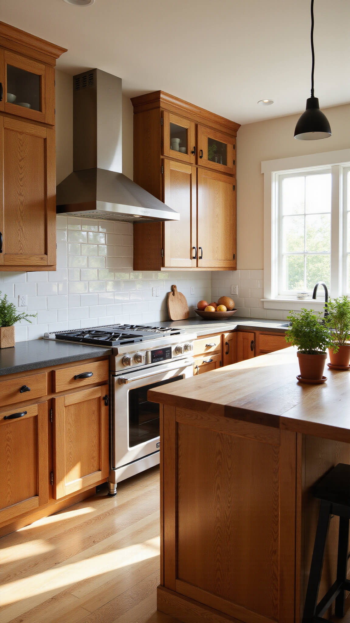 Sunlit farmhouse kitchen with hickory cabinets, butcher block island, and vintage accents captured at golden hour.