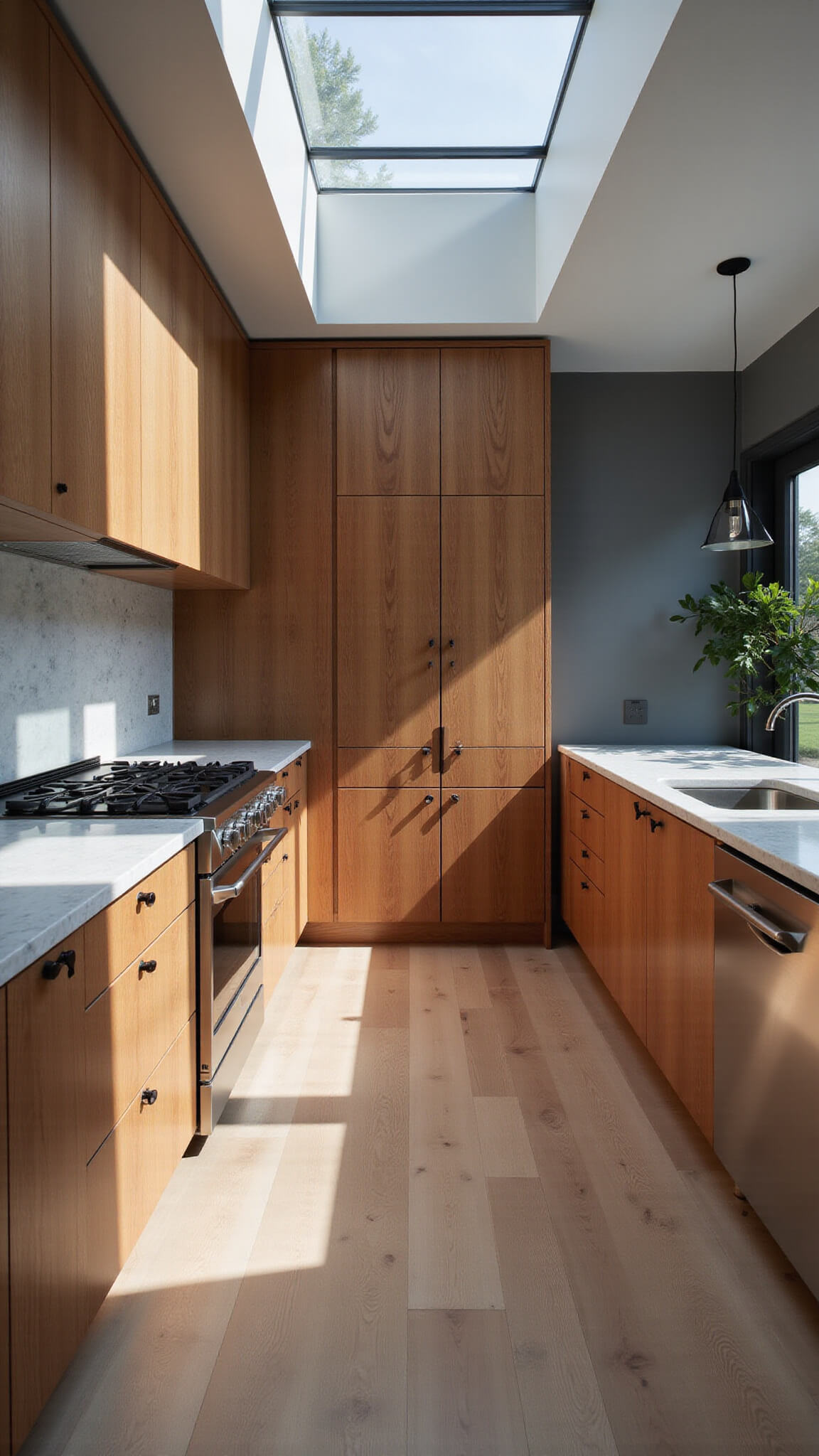 Modern minimalist kitchen with hickory cabinets, waterfall quartz countertops, stainless steel appliances, and skylight shadows enhancing wood textures.