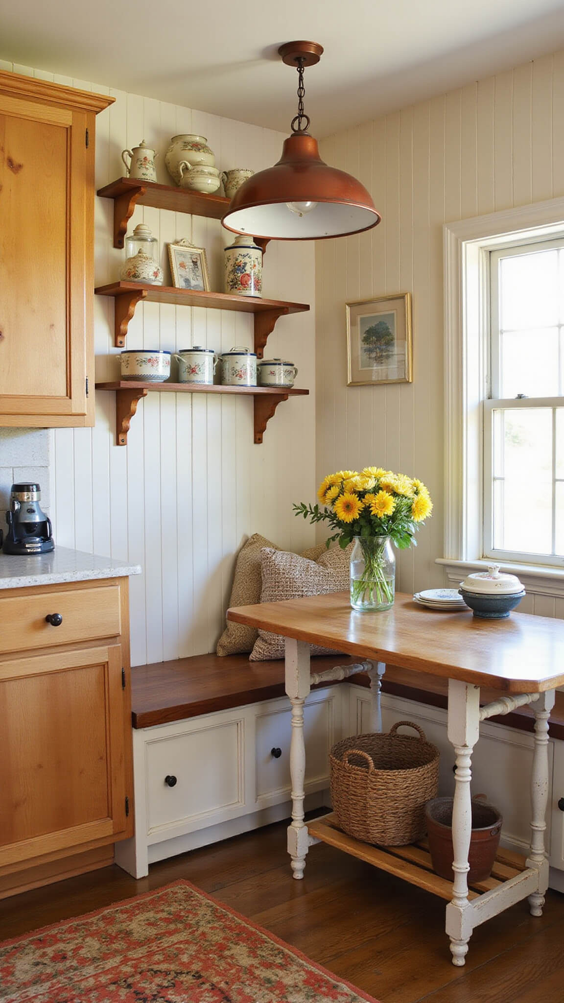 Sunlit country kitchen nook with hickory cabinets, cream beadboard walls, vintage ironstone, and farmhouse table under copper pendant light.