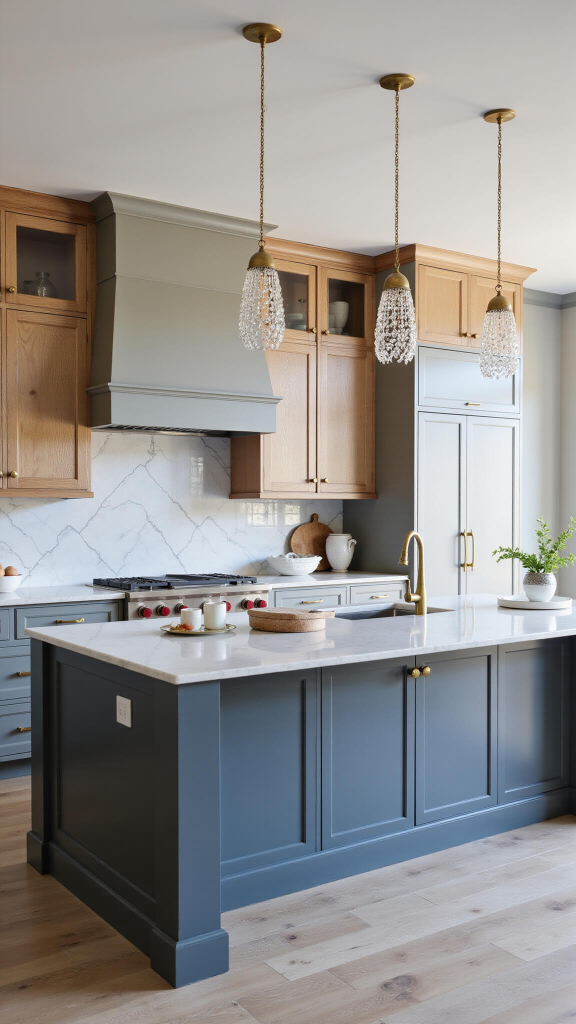 Open-concept 25x20ft kitchen with two-tone hickory cabinets, marble backsplash, crystal chandelier over large island, and blue hour lighting.