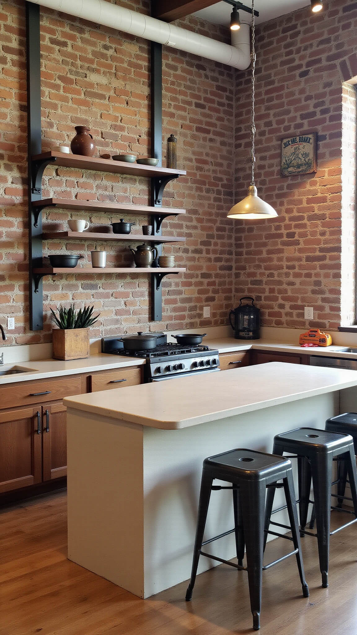 Loft-style kitchen with exposed brick, hickory cabinets, concrete countertops, and industrial metal accents.