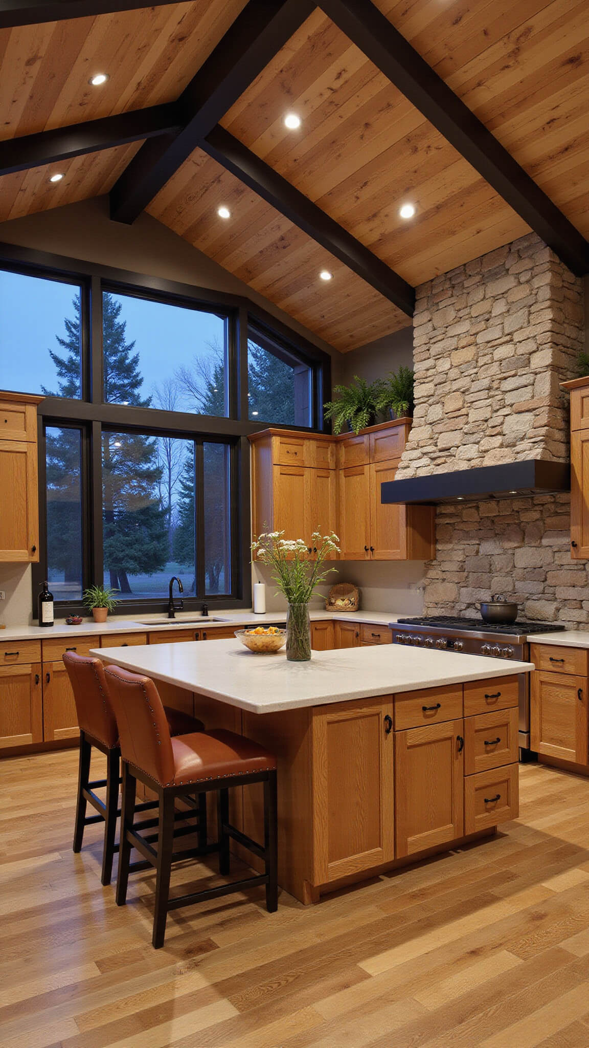 Mountain modern kitchen with cathedral ceiling, hickory cabinets, stone accent wall, and black window frames, styled with leather stools and native greenery at dusk.