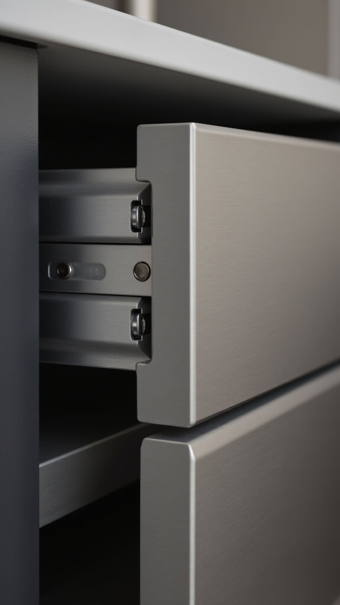 Close-up of push-to-open brushed steel cabinet mechanism in industrial-modern kitchen, highlighting precision spring engineering with studio lighting and dark charcoal cabinet contrast.