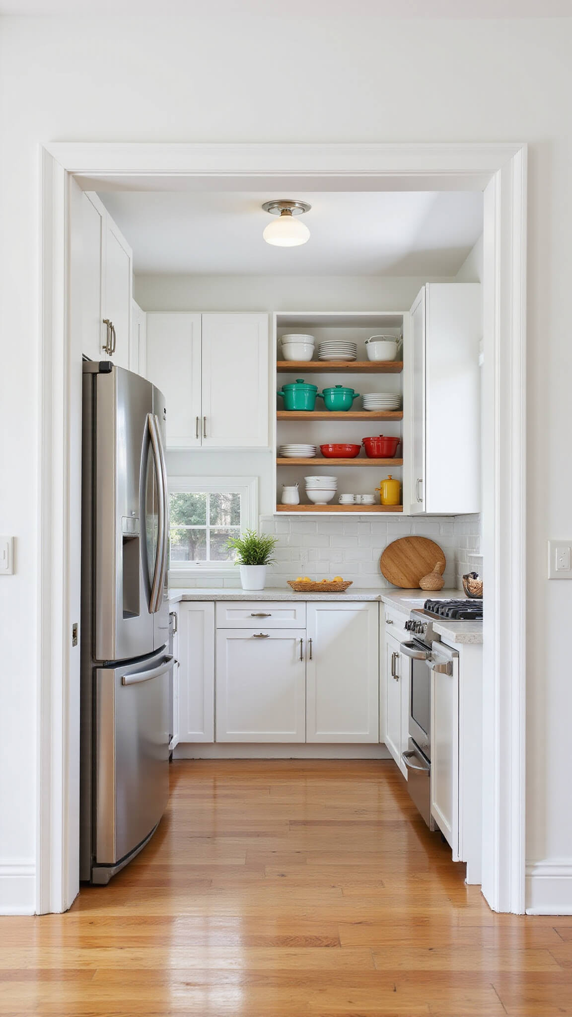 Small white KNOXHULT family kitchen with clever storage, integrated appliances, peninsula, and colorful cookware on open shelves in bright midday light.