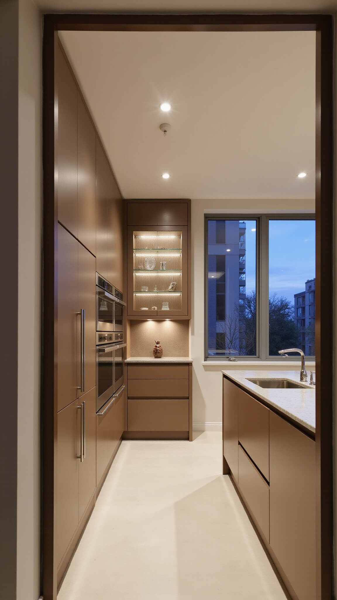 Luxurious contemporary 14x16ft kitchen with warm sand-toned European cabinets, textured glass uppers, hidden appliances, and pale gray stone counters, shown in dramatic evening lighting.