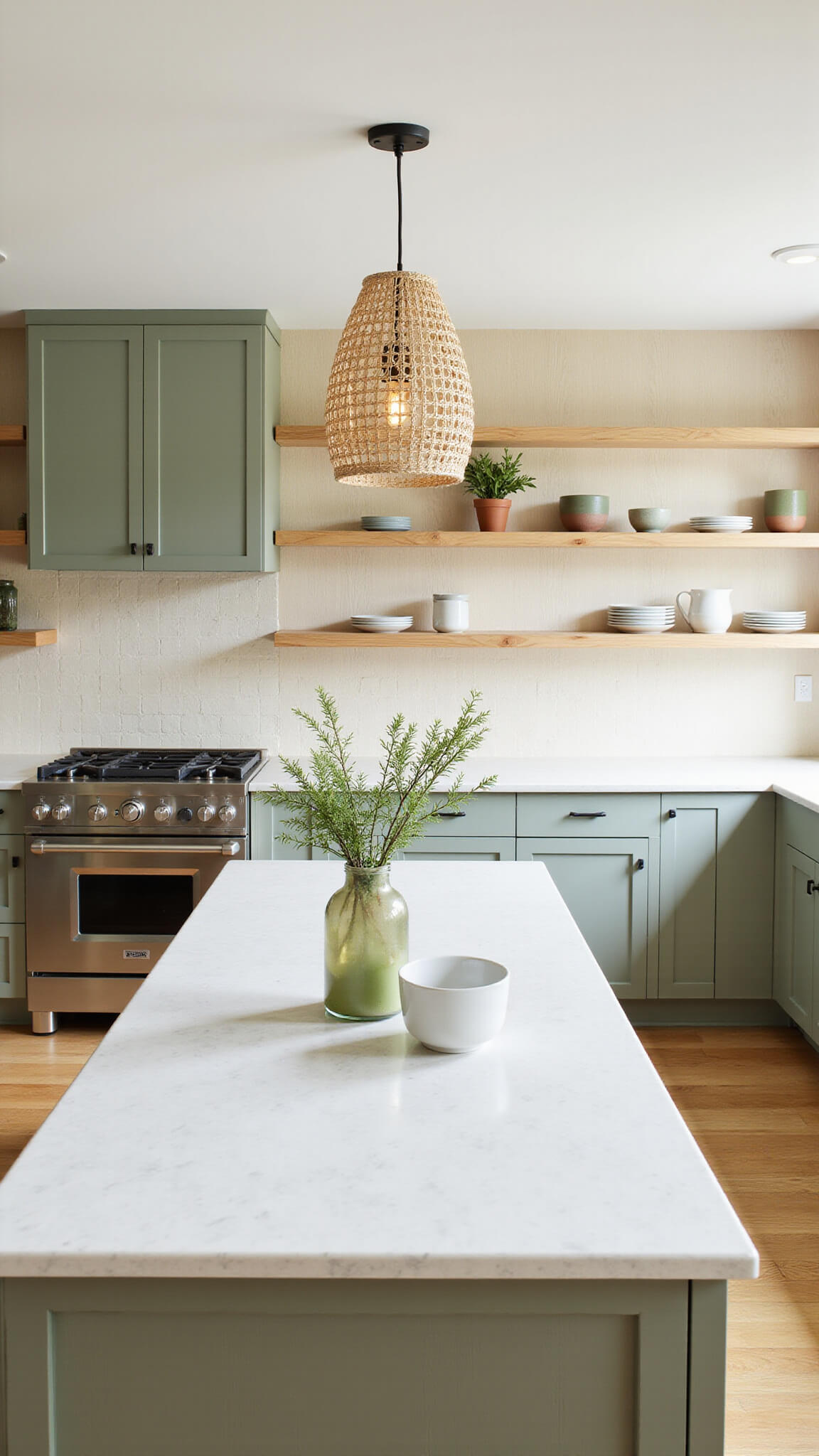 Bird's eye view of an airy 11x13ft kitchen with sage green flat-panel cabinets, bleached oak floating shelves, cream ceramic tile backsplash, and woven pendant lights casting geometric shadows in natural light.