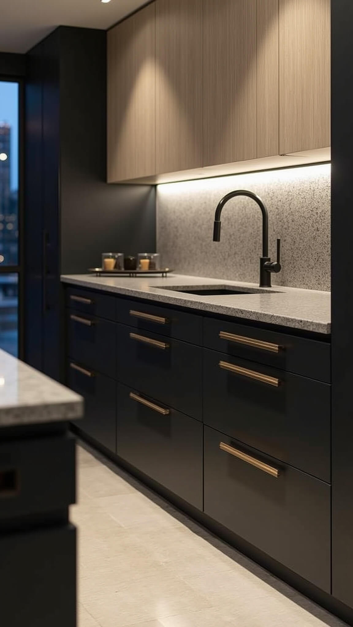 Modern 13x15ft kitchen at twilight with black matte lower cabinets, white oak uppers, bronze pull bars, concrete countertops, and moody LED lighting.