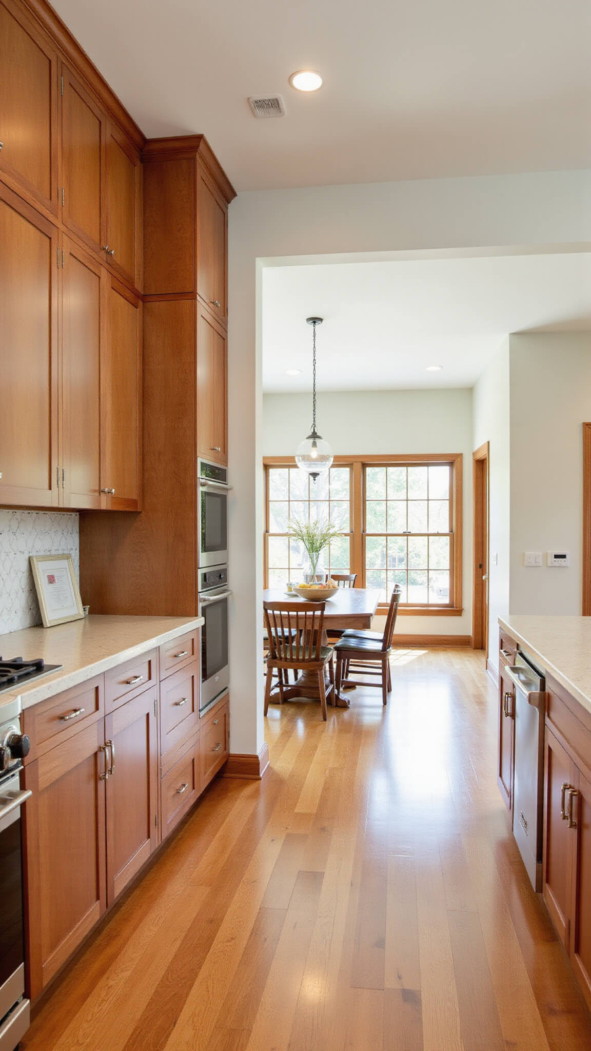 Modern 12x14ft kitchen with cherry Shaker-style cabinets, white hex tile backsplash, and morning sunlight highlighting warm wood tones.