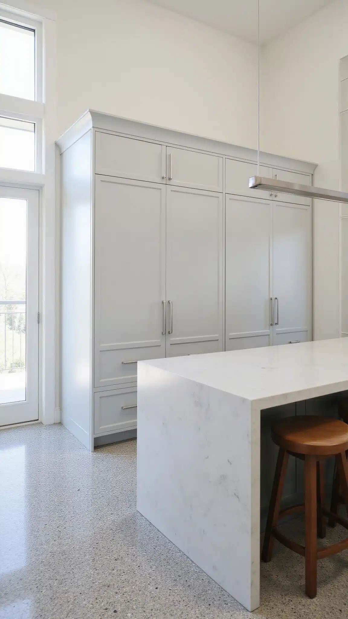 Minimalist 15x17ft kitchen with pale gray-white maple cabinets, quartz waterfall island with leather stools, brushed nickel pendant, and terrazzo flooring in natural midday light.