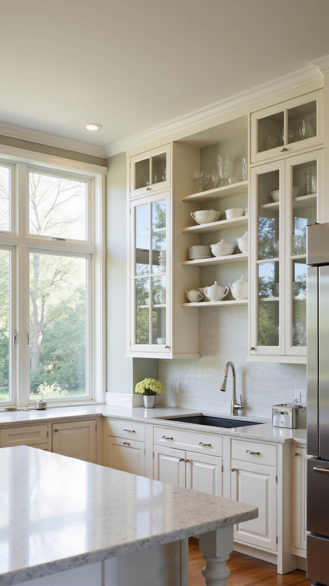 Bright, airy kitchen with tall shaker-style glass cabinets, white marble countertops, and stainless steel appliances, bathed in morning sunlight.