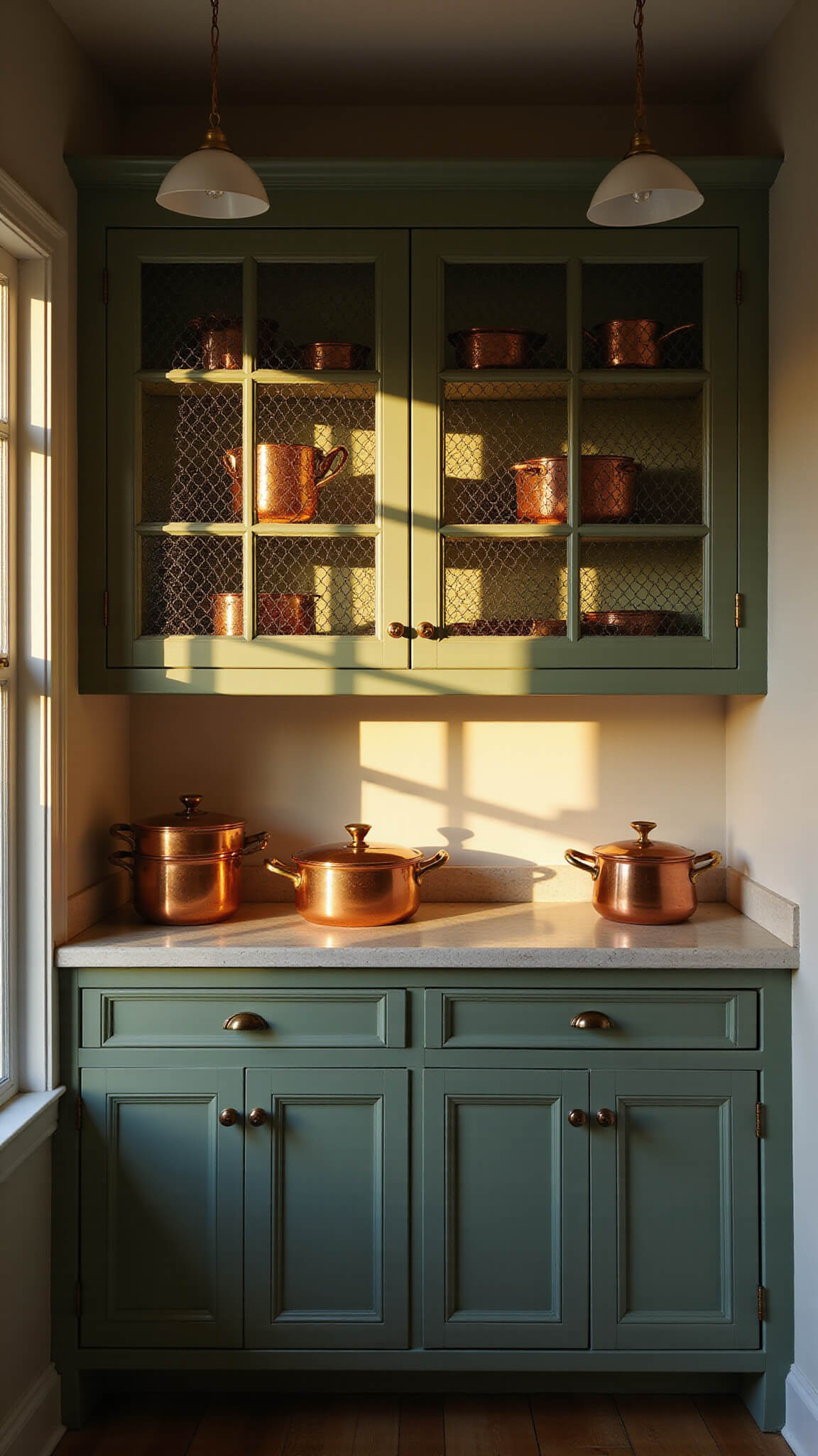 Eye-level view of a cozy 10x12ft galley kitchen with sage green cabinetry, geometric mullion glass doors, vintage copper cookware, and warm golden hour lighting casting shadows.