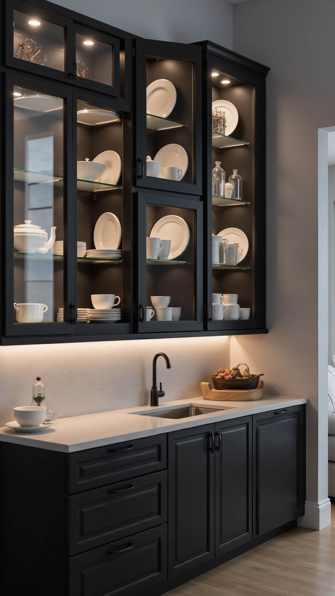 Open-concept contemporary kitchen with glass panel cabinets, LED lighting, matte black frames, floating shelves, and minimalist white dinnerware in evening studio lighting.