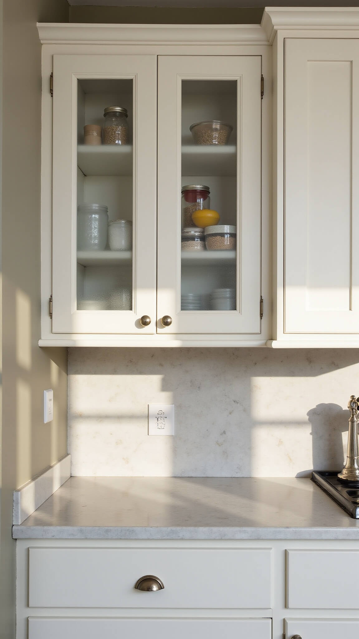 Cozy 11x13ft kitchen with frosted glass upper cabinets, soft-white cabinetry, marble backsplash, and natural lighting in a corner composition.