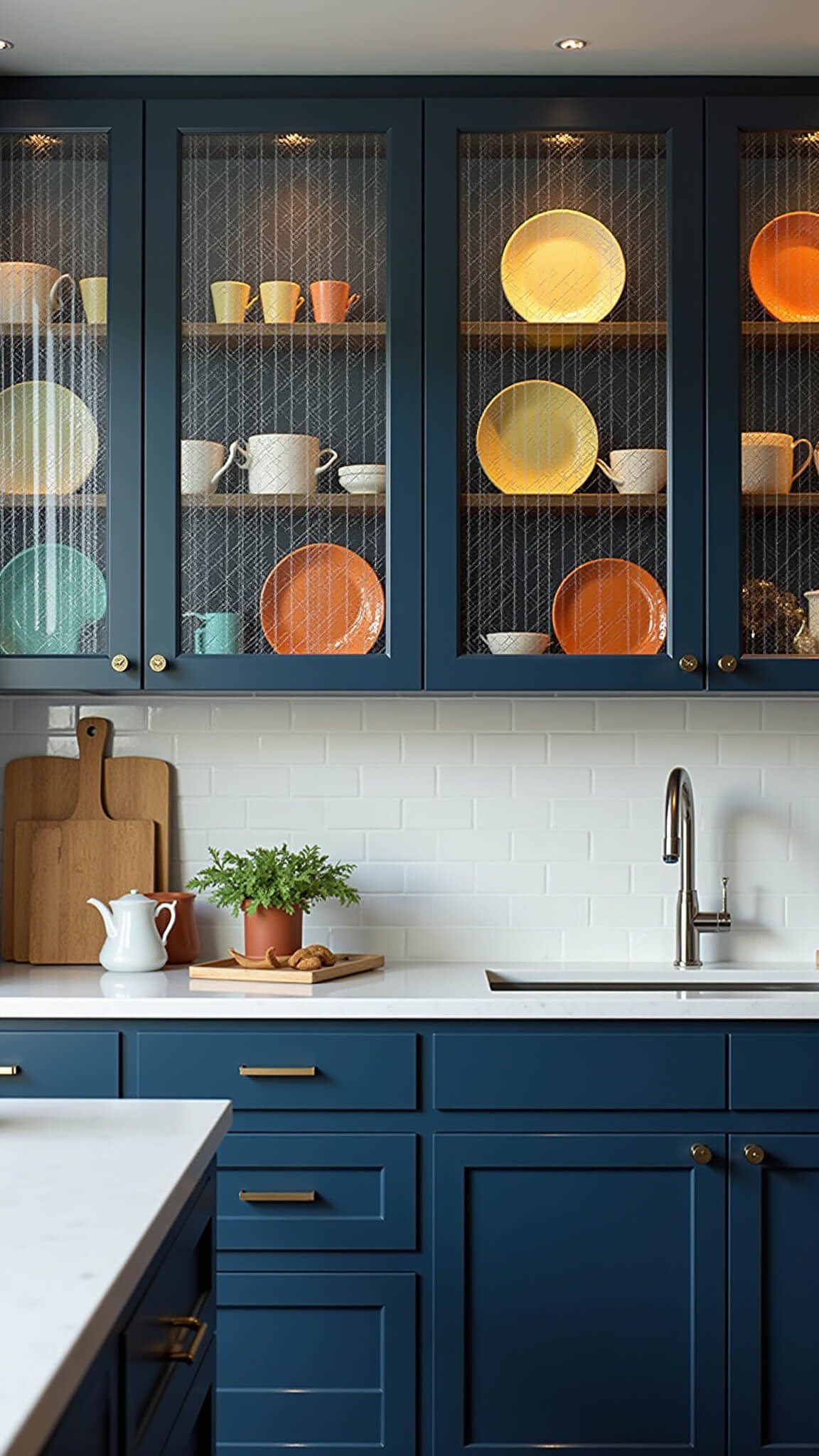 Modern navy blue kitchen with textured rain-patterned glass cabinet fronts, colorful dishware visible through glass, and dynamic morning light casting shadows.