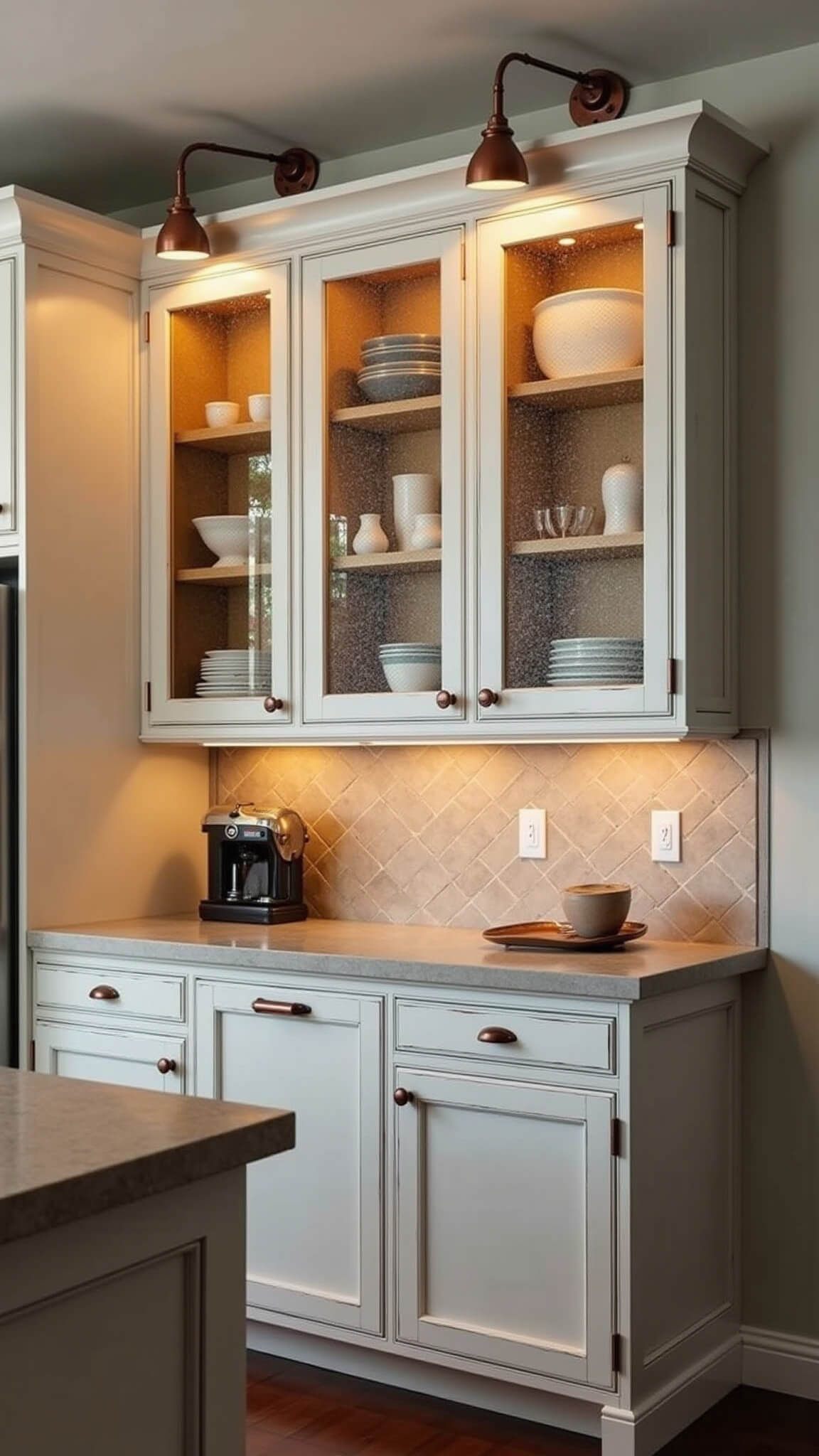 Rustic-modern 13x14ft kitchen with seeded glass cabinets, copper accents, warm pendant lighting, and distressed white frames displaying vintage decor.