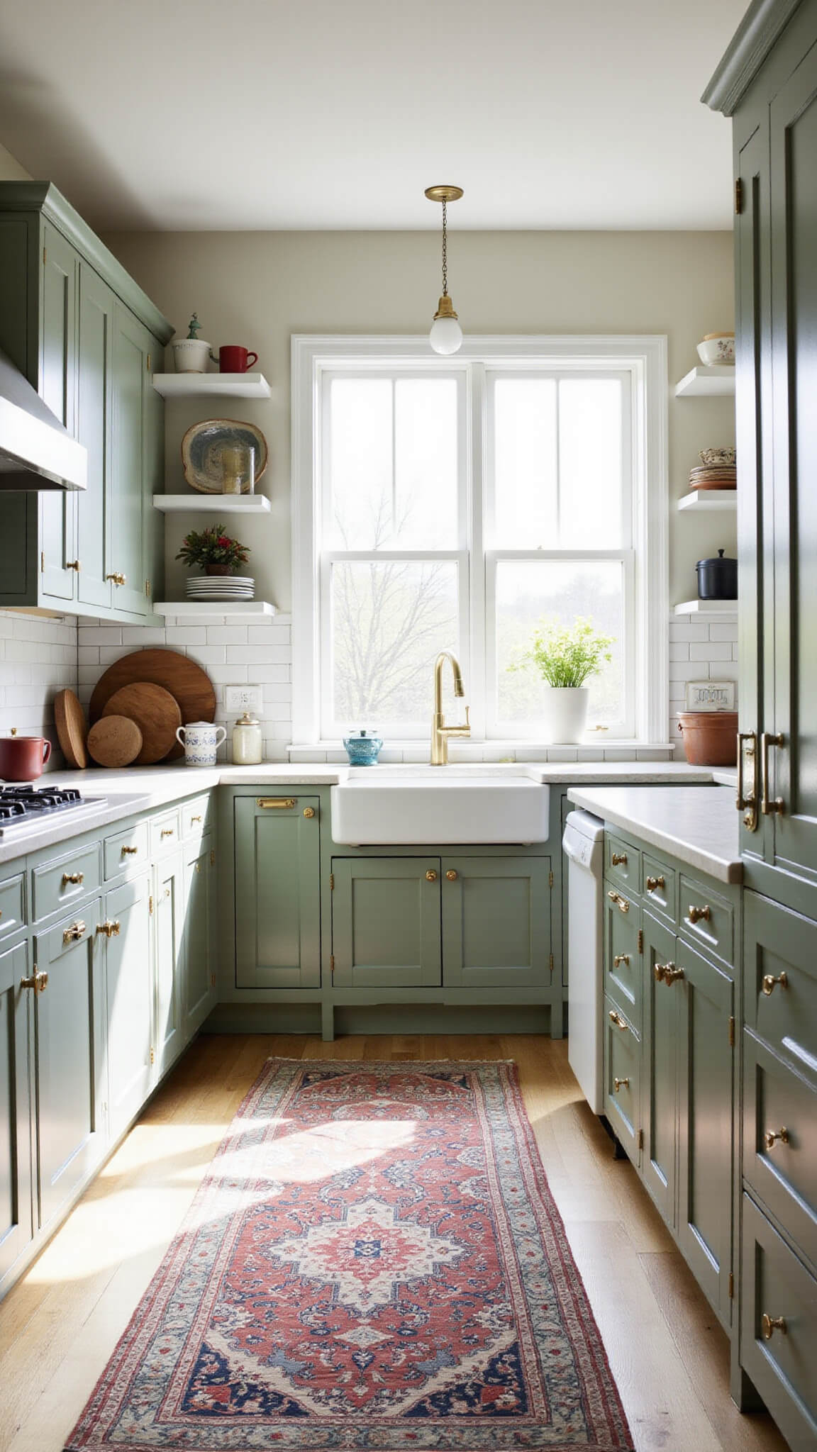 Sunlit sage green kitchen with white quartz countertops, brass hardware, vintage Persian runner on white oak floors, and open shelving displaying ceramics.