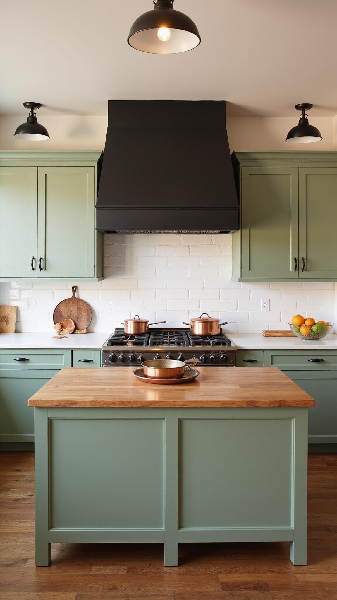 Modern farmhouse kitchen with sage green cabinets, matte black range hood, butcher block island, and copper cookware, lit by industrial pendant lights during golden hour.