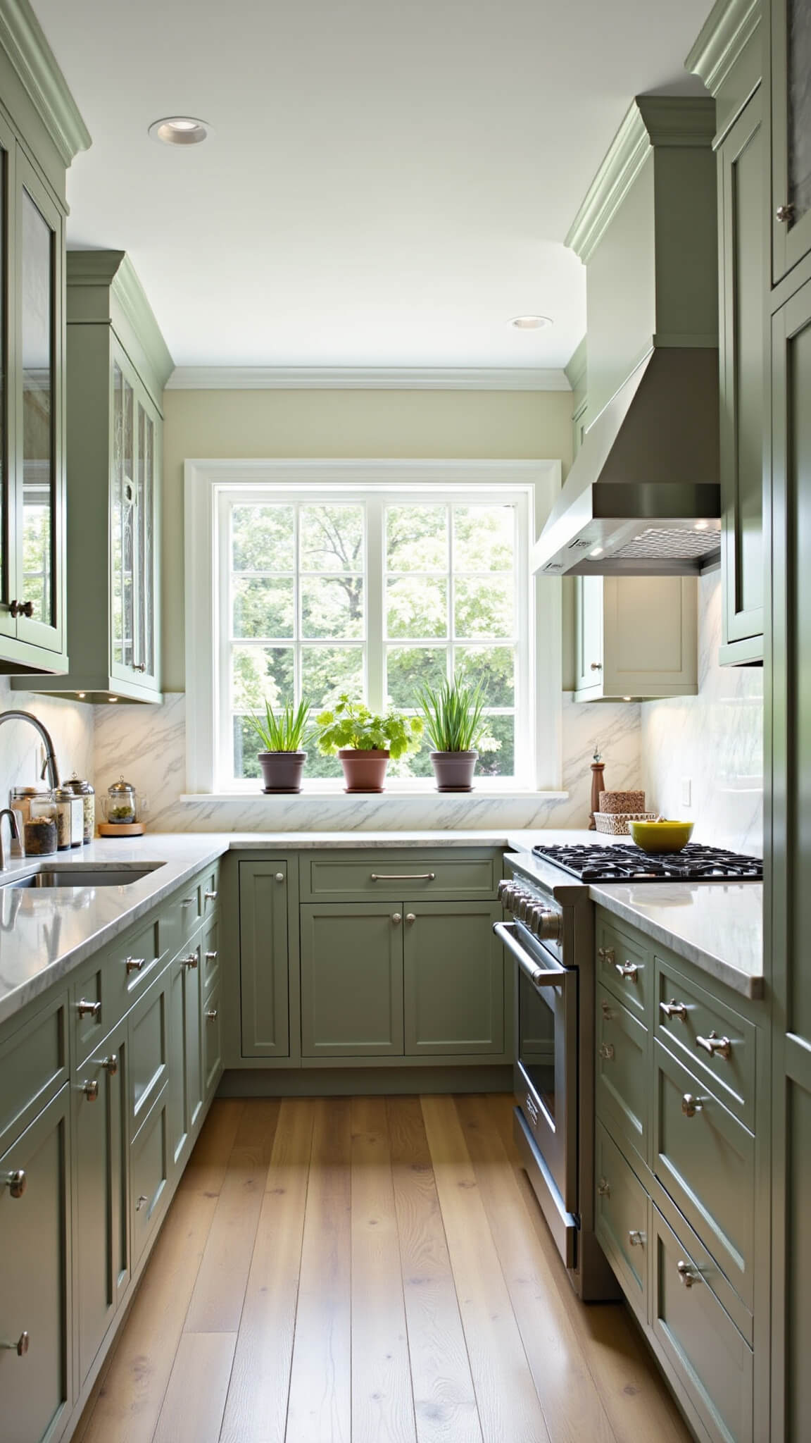 Intimate 8x14ft galley kitchen with sage green cabinets, marble countertops, stainless appliances, and potted herbs on windowsill, viewed from above.