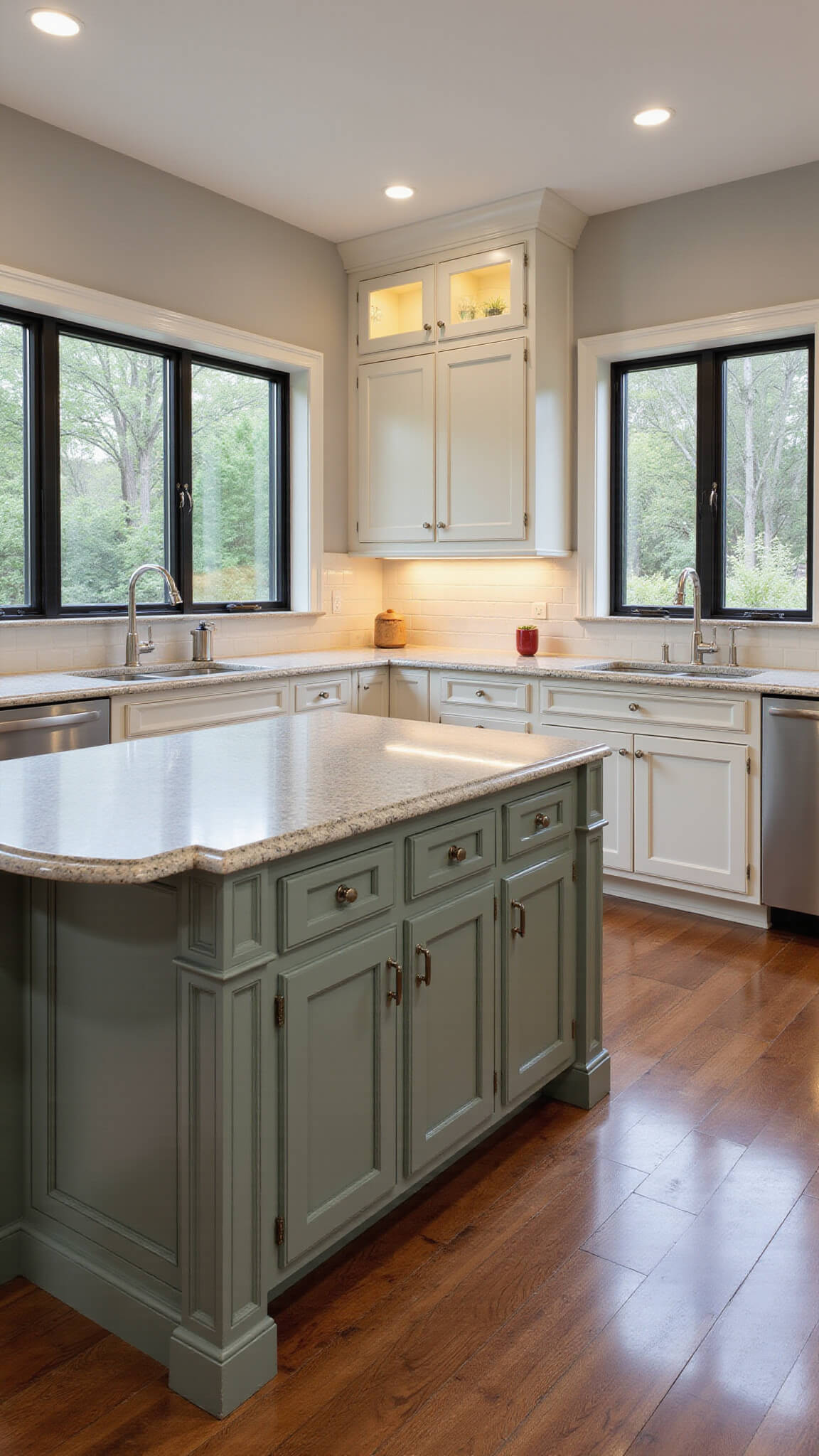 L-shaped kitchen at dusk with sage and cream two-tone cabinets, pearl white zellige tile backsplash, black steel-framed windows, and a large waterfall-edge granite island under warm ambient lighting.