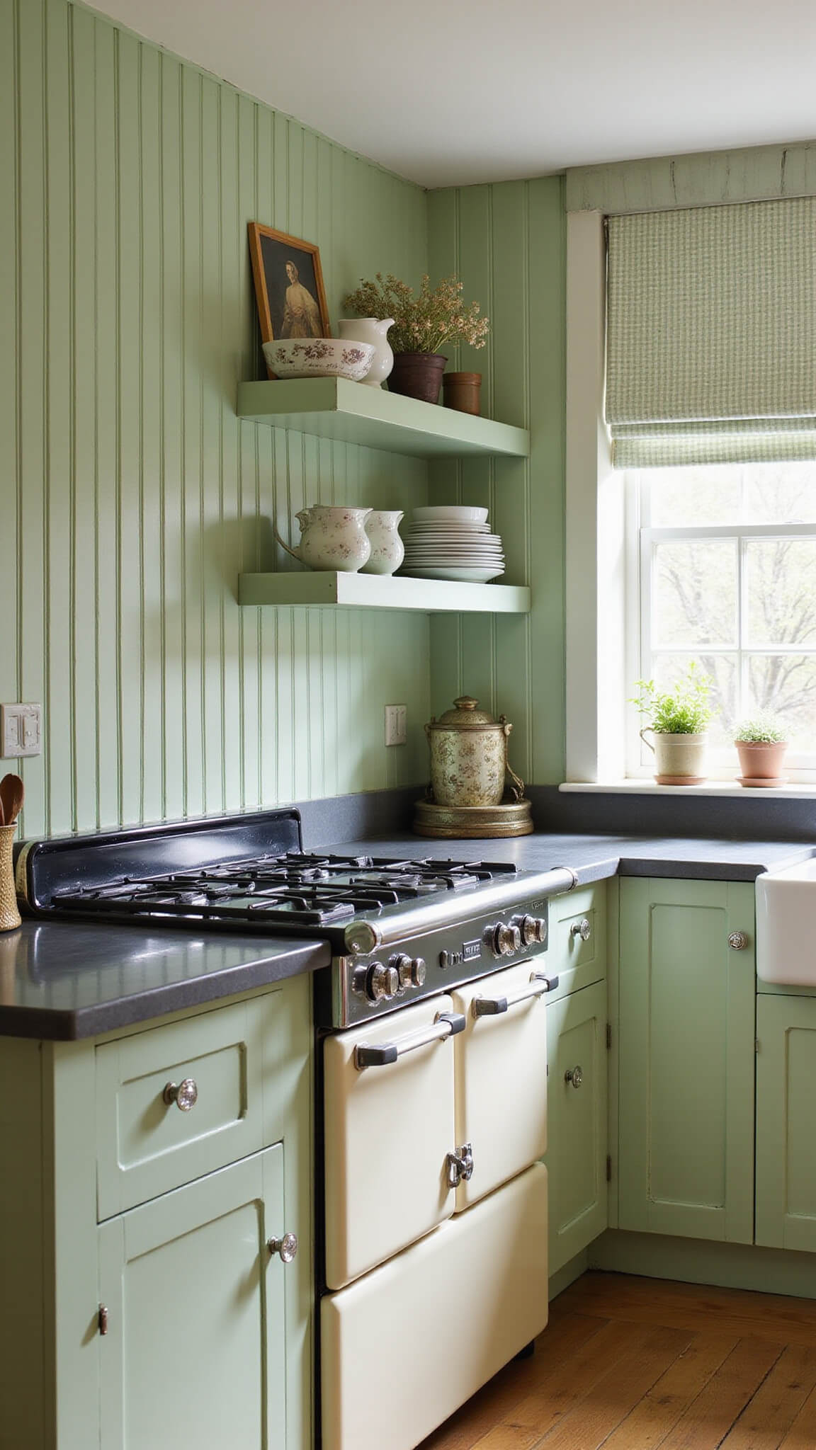 Cozy cottage kitchen with sage beadboard cabinets, cream Aga range, vintage decor on open shelves, and gingham curtains filtering morning light.