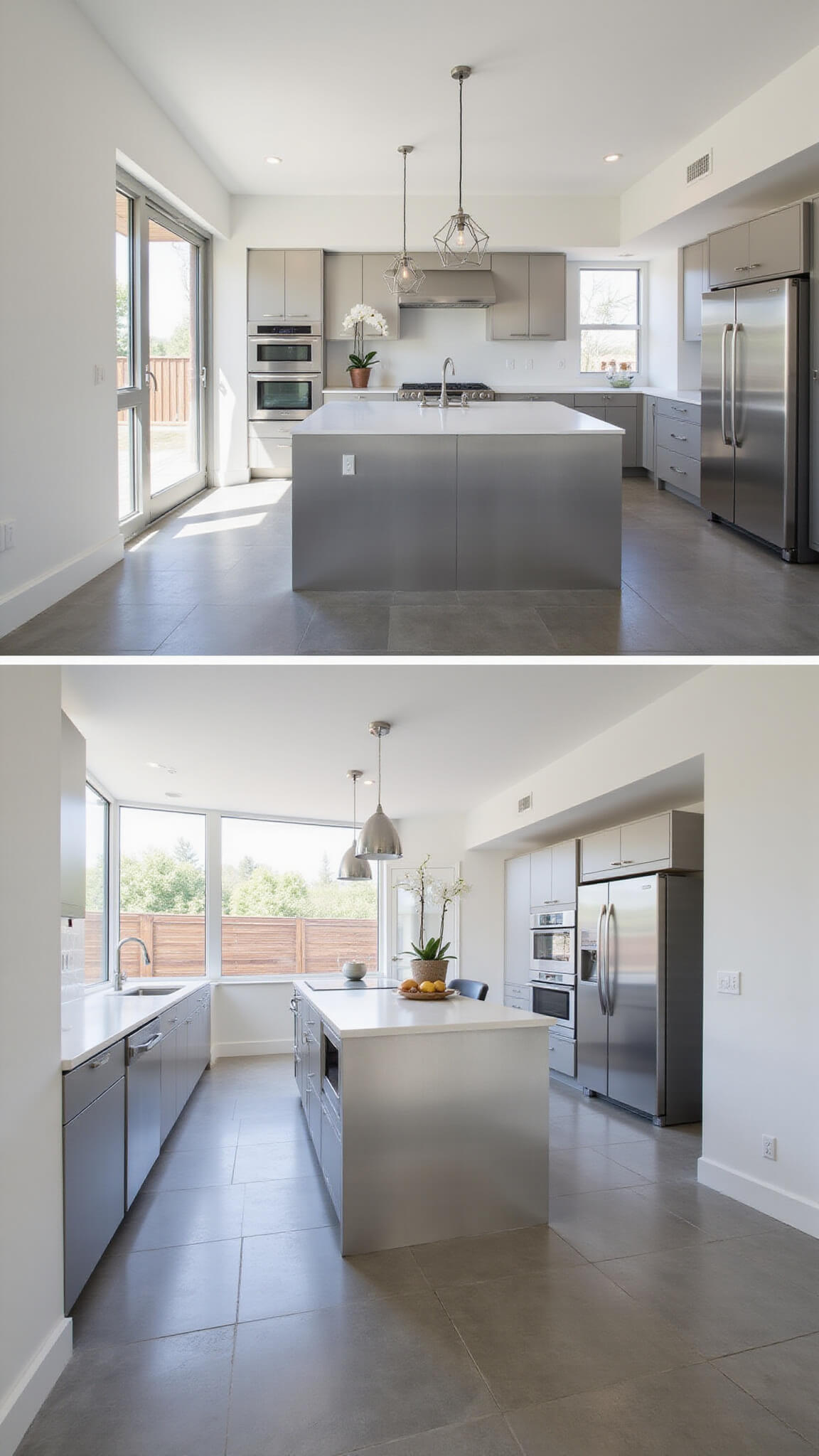 Modern minimalist kitchen with silver aluminum cabinets, white quartz island, floor-to-ceiling windows, and cool gray porcelain floors, flooded with natural morning light.
