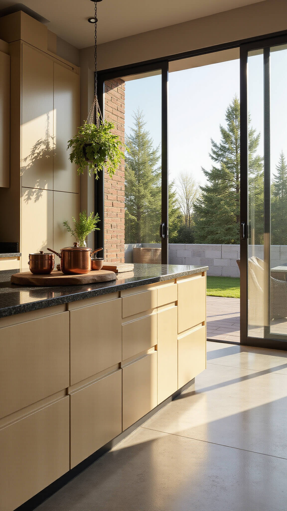 Contemporary indoor-outdoor kitchen with champagne aluminum cabinets, dark granite island, sliding glass doors to patio, hanging herb garden, and copper cookware.