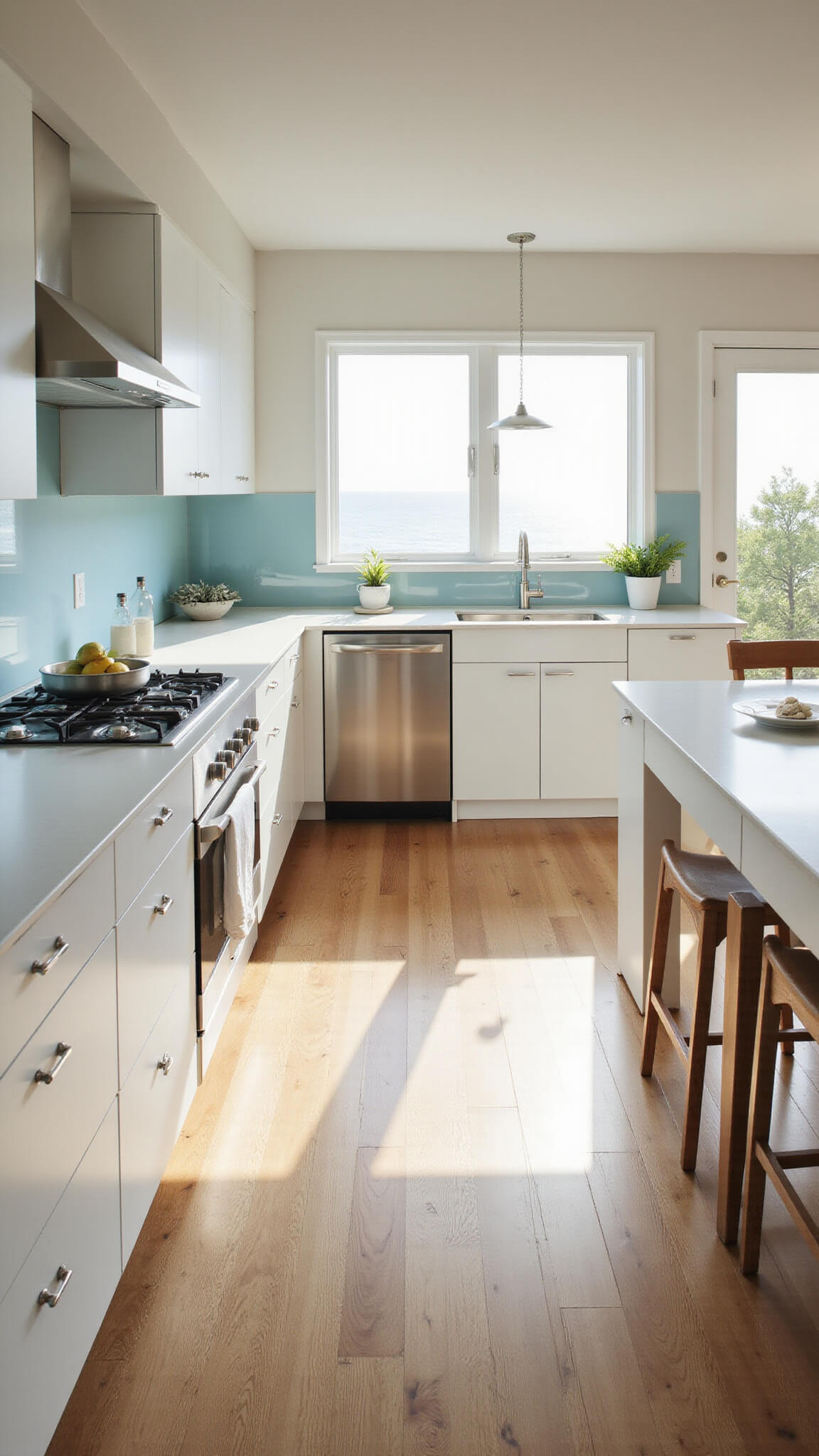 Coastal modern kitchen with glossy white cabinets, pale blue glass backsplash, bleached oak floors, and ocean-view breakfast nook at golden hour.