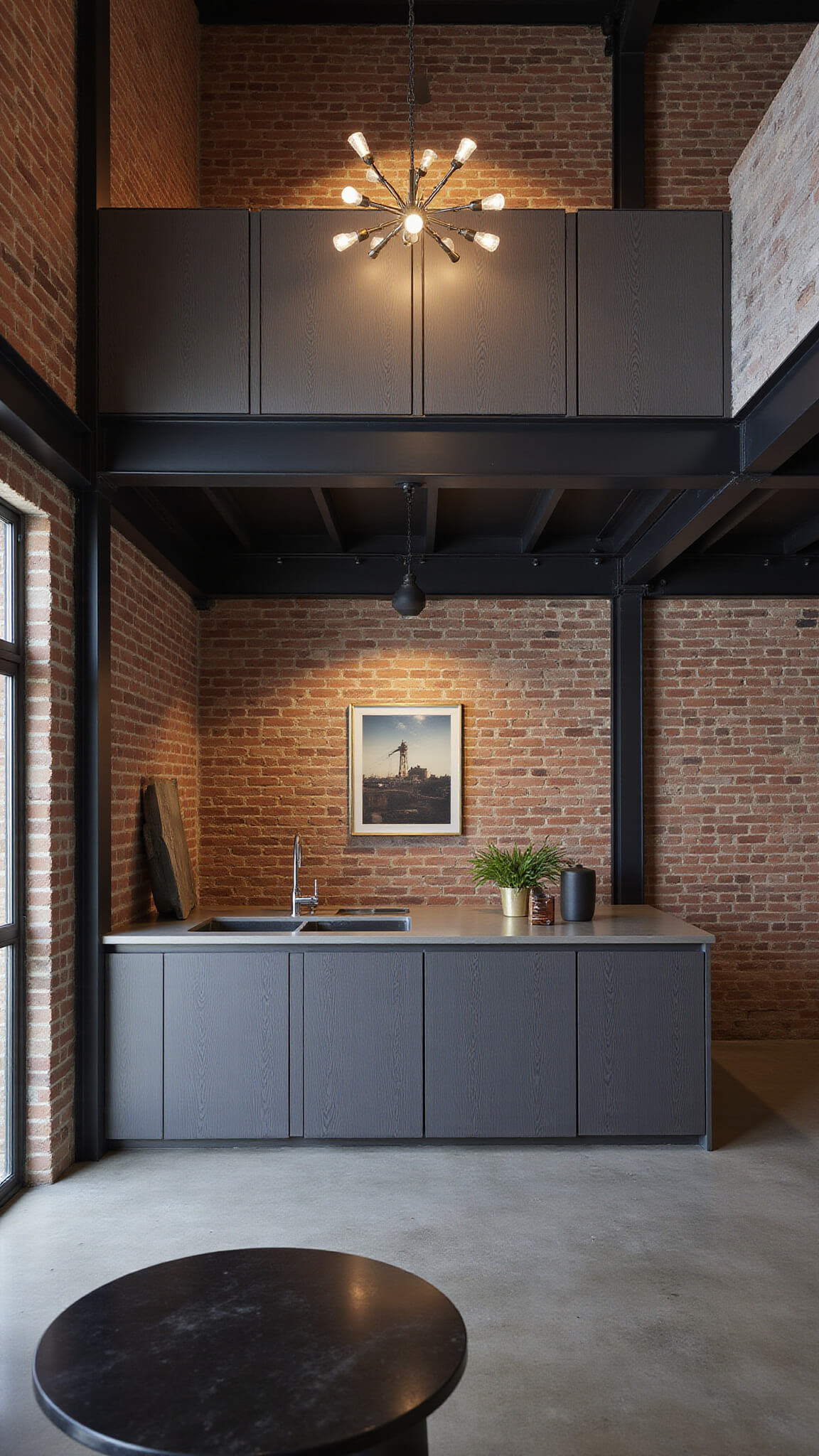 Moody industrial loft kitchen with charcoal aluminum cabinets, exposed brick, concrete floors, and pendant lighting, viewed from mezzanine.