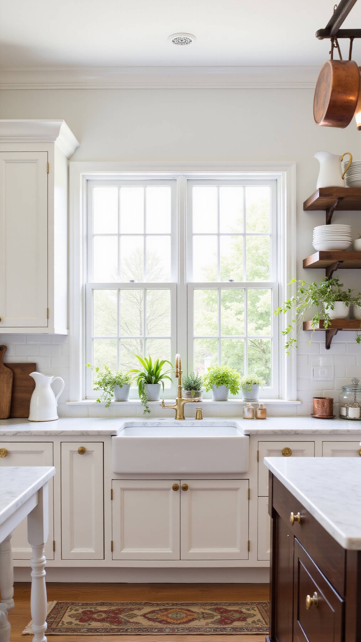 Sunlit vintage-style kitchen with antique white Shaker cabinets, Calacatta marble countertops, brass hardware, and copper pots hanging above a beadboard island.