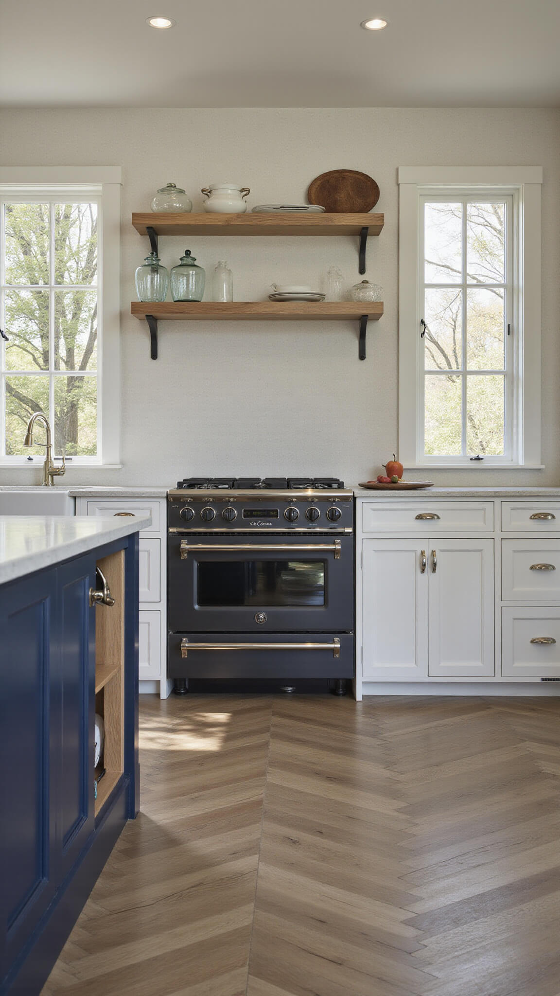 Open-concept 18x22ft kitchen with antique white cabinets, navy blue island, matte black La Cornue range, chevron white oak floors, and steel-framed windows in late afternoon light.
