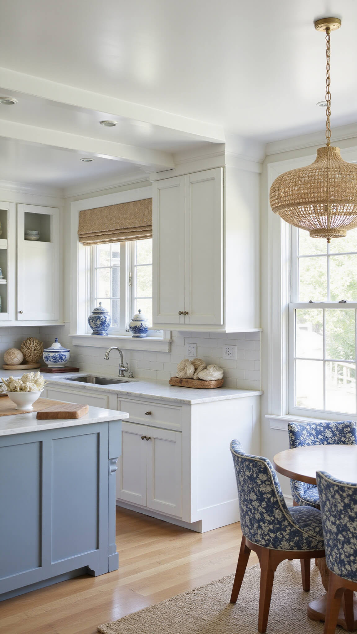 Coastal Hamptons luxury kitchen with antique white cabinets, Carrara marble, blue-grey island, and abundant natural light.