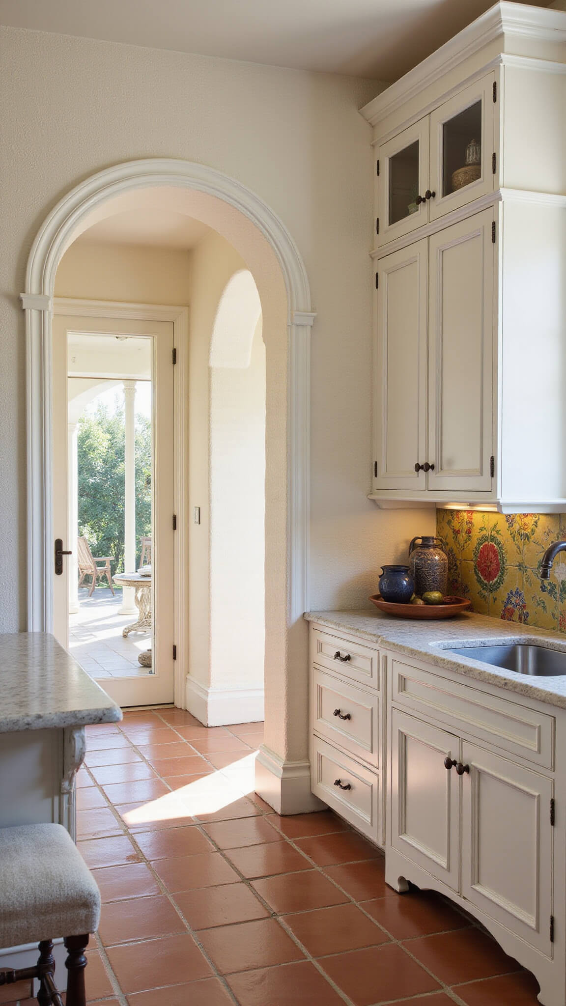 Modern Mediterranean kitchen with antique white cabinets, terra cotta floors, arched doorways, and hand-painted tile backsplash in warm afternoon light.