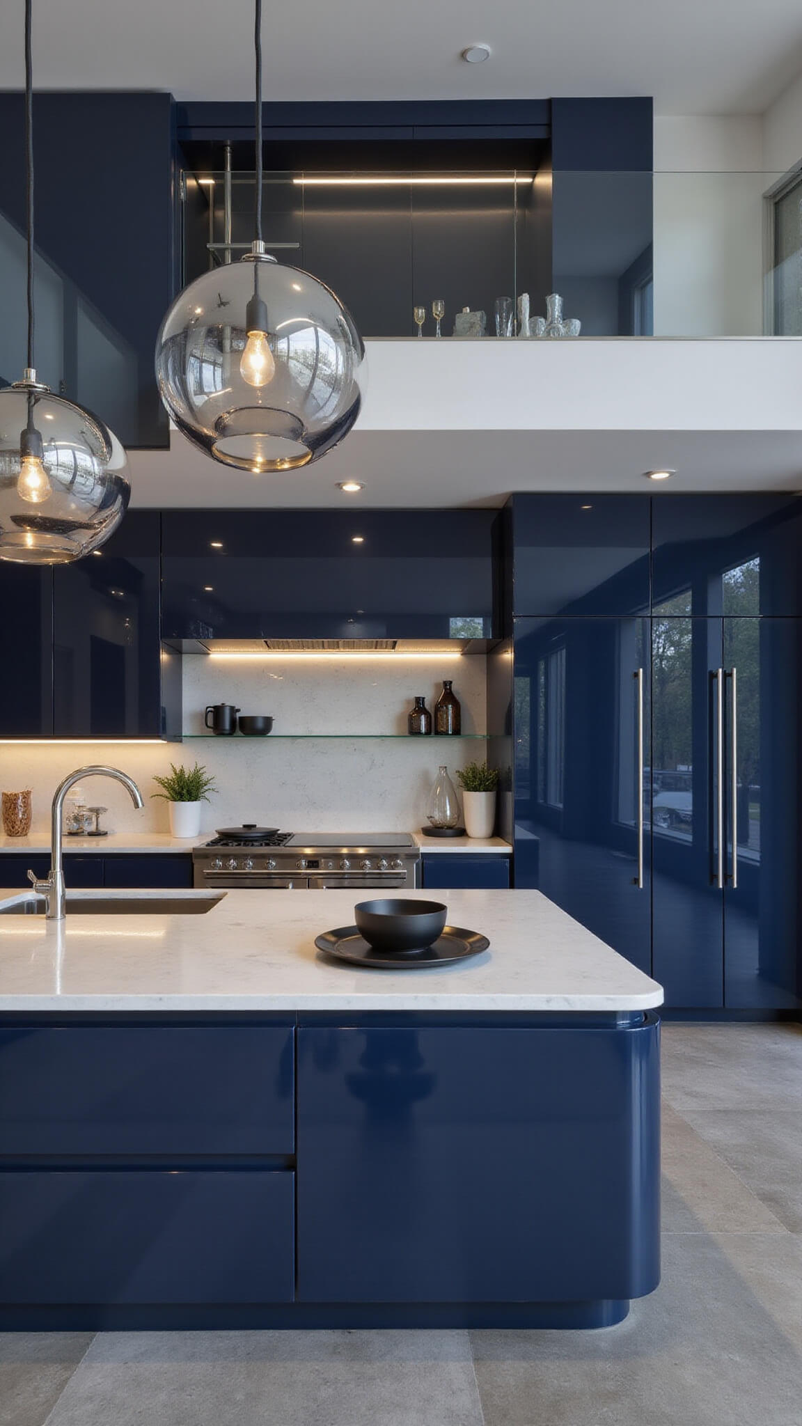 Modern open-concept kitchen with glossy navy cabinets, quartz waterfall island, metallic backsplash, and ambient evening lighting.