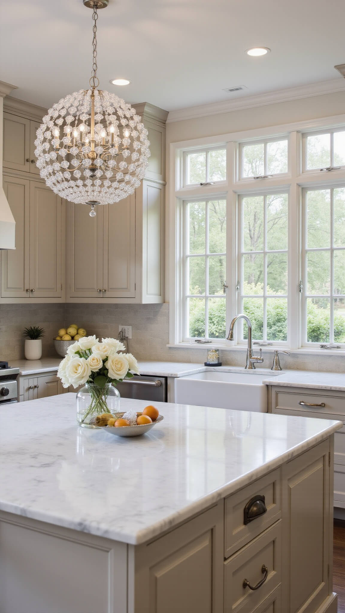 Elegant traditional kitchen with light taupe cabinets, Carrara marble surfaces, and crystal chandelier under soft natural light.